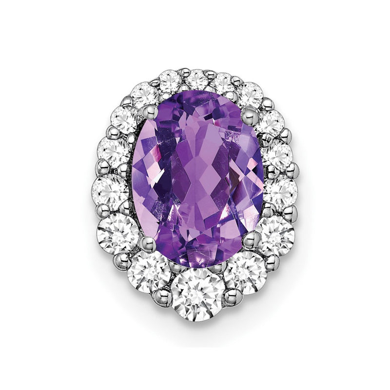 14k White Gold Oval Amethyst and Real Diamond Halo Chain Slide