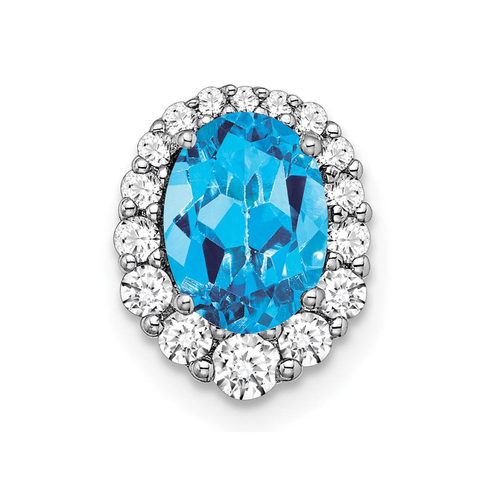 14k White Gold Oval Blue Topaz and Real Diamond Halo Chain Slide