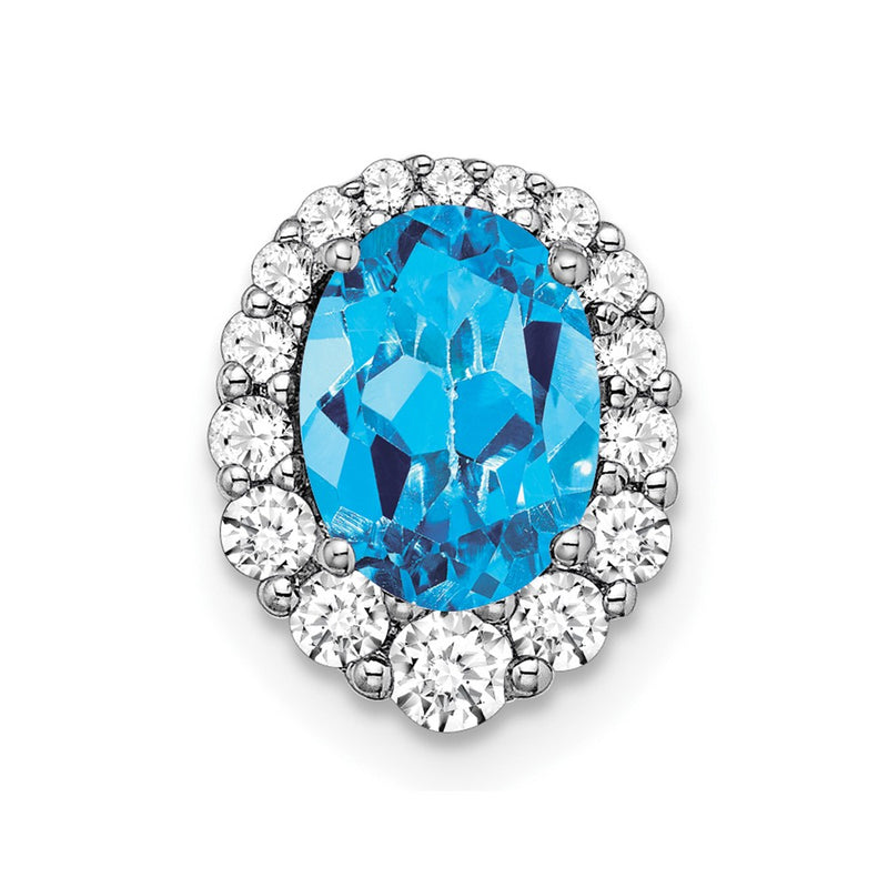 14k White Gold Oval Blue Topaz and Real Diamond Halo Chain Slide