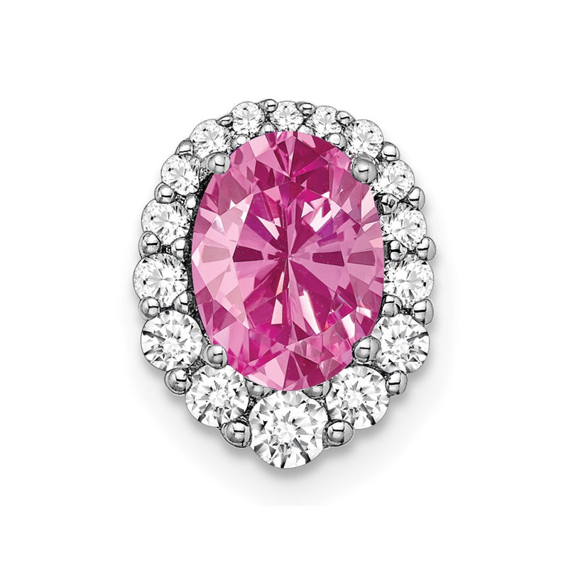 14k White Gold Oval Creat. Pink Sapphire/Real Diamond Halo Chain Slide