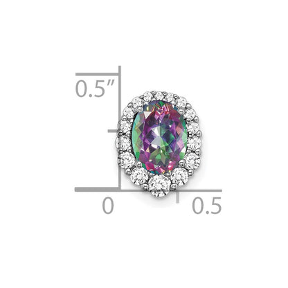 14k White Gold Oval Mystic Fire Topaz and Real Diamond Halo Chain Slide