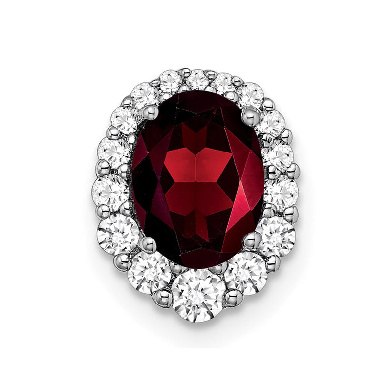 14k White Gold Oval Garnet and Real Diamond Halo Chain Slide