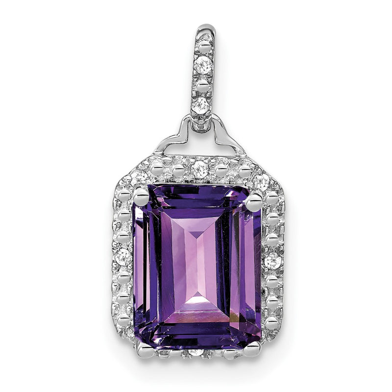14K White Gold Emerald-cut Amethyst and Real Diamond Halo Pendant