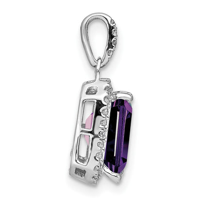 14k White Gold Emerald-cut Amethyst and Real Diamond Halo Pendant