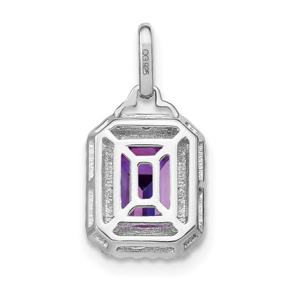 14k White Gold Emerald-cut Amethyst and Real Diamond Halo Pendant