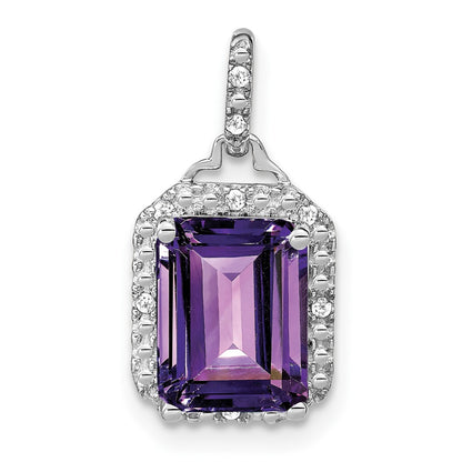 14k White Gold Emerald-cut Amethyst and Real Diamond Halo Pendant