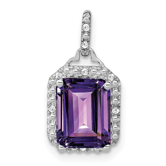14k White Gold Emerald-cut Amethyst and Real Diamond Halo Pendant