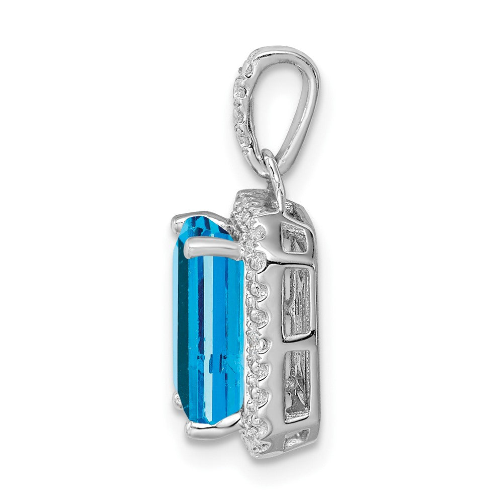 14K White Gold Emerald-cut Blue Topaz and Real Diamond Halo Pendant