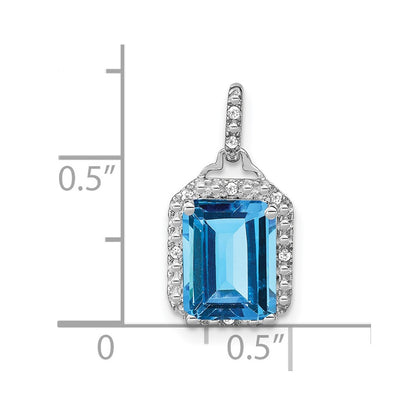 14K White Gold Emerald-cut Blue Topaz and Real Diamond Halo Pendant