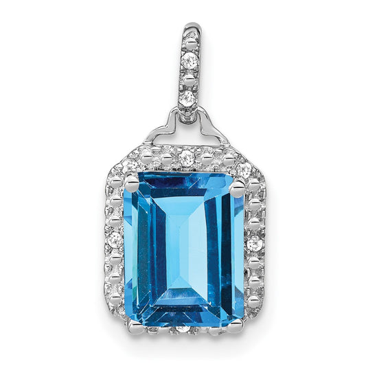 14K White Gold Emerald-cut Blue Topaz and Real Diamond Halo Pendant