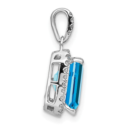 14k White Gold Emerald-cut Blue Topaz and Real Diamond Halo Pendant