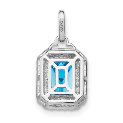 14k White Gold Emerald-cut Blue Topaz and Real Diamond Halo Pendant