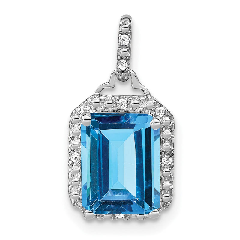 14k White Gold Emerald-cut Blue Topaz and Real Diamond Halo Pendant