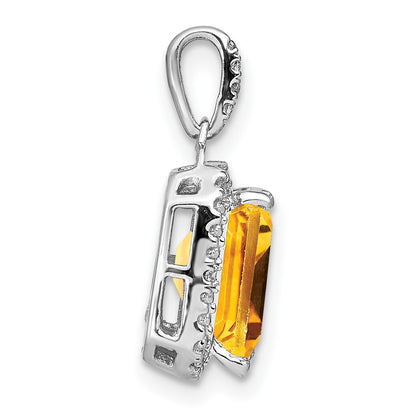14k White Gold Emerald-cut Citrine and Real Diamond Halo Pendant