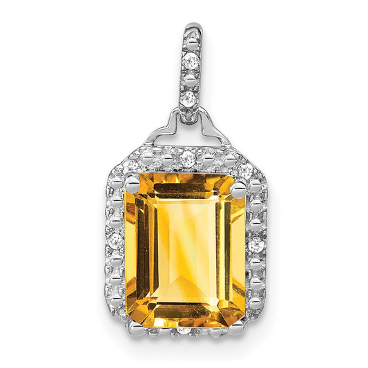 14k White Gold Emerald-cut Citrine and Real Diamond Halo Pendant