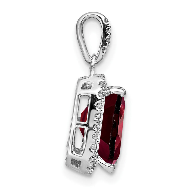 14k White Gold Emerald-cut Garnet and Real Diamond Halo Pendant