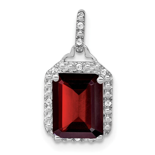 14k White Gold Emerald-cut Garnet and Real Diamond Halo Pendant