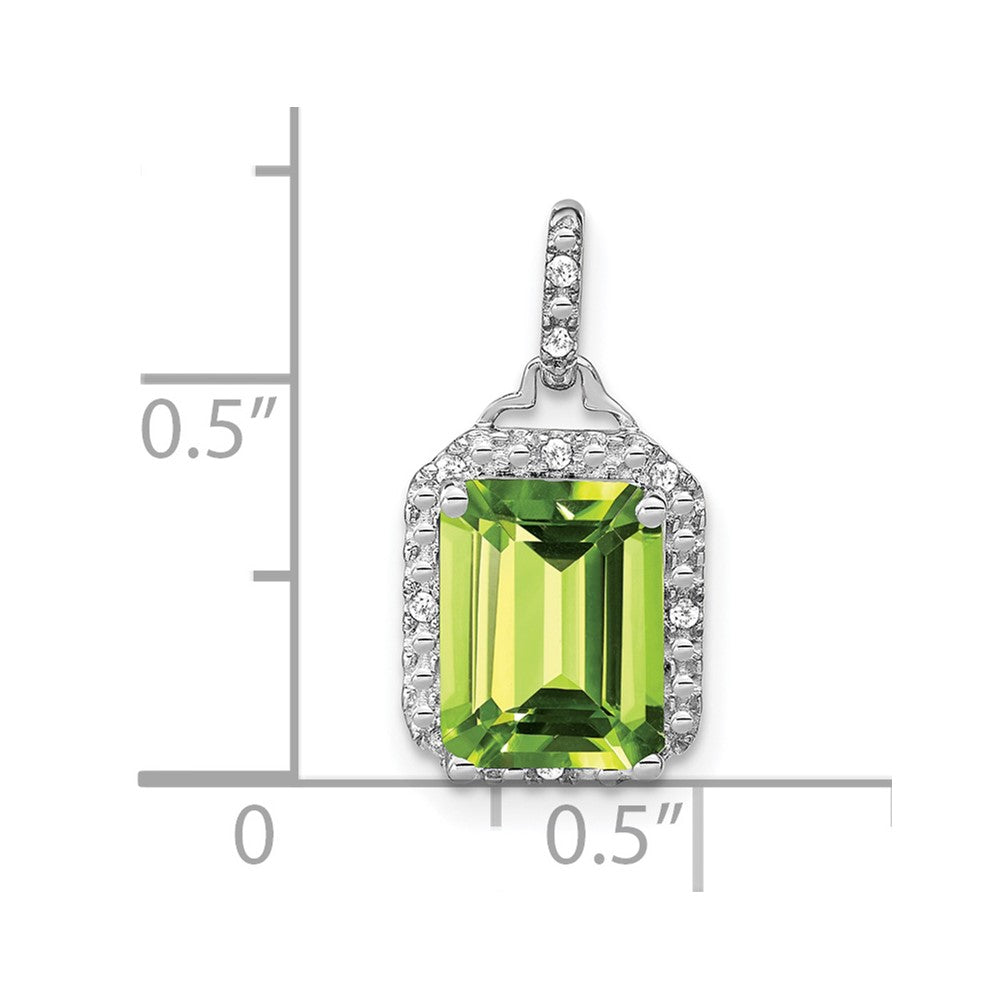 14K White Gold Emerald-cut Peridot and Real Diamond Halo Pendant