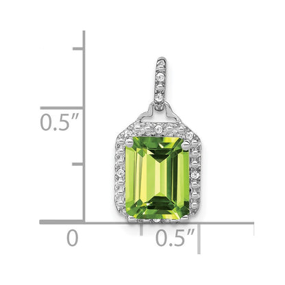 14K White Gold Emerald-cut Peridot and Real Diamond Halo Pendant