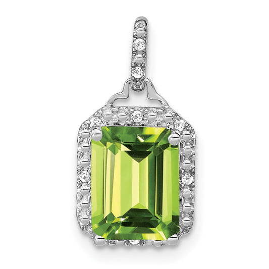 14K White Gold Emerald-cut Peridot and Real Diamond Halo Pendant