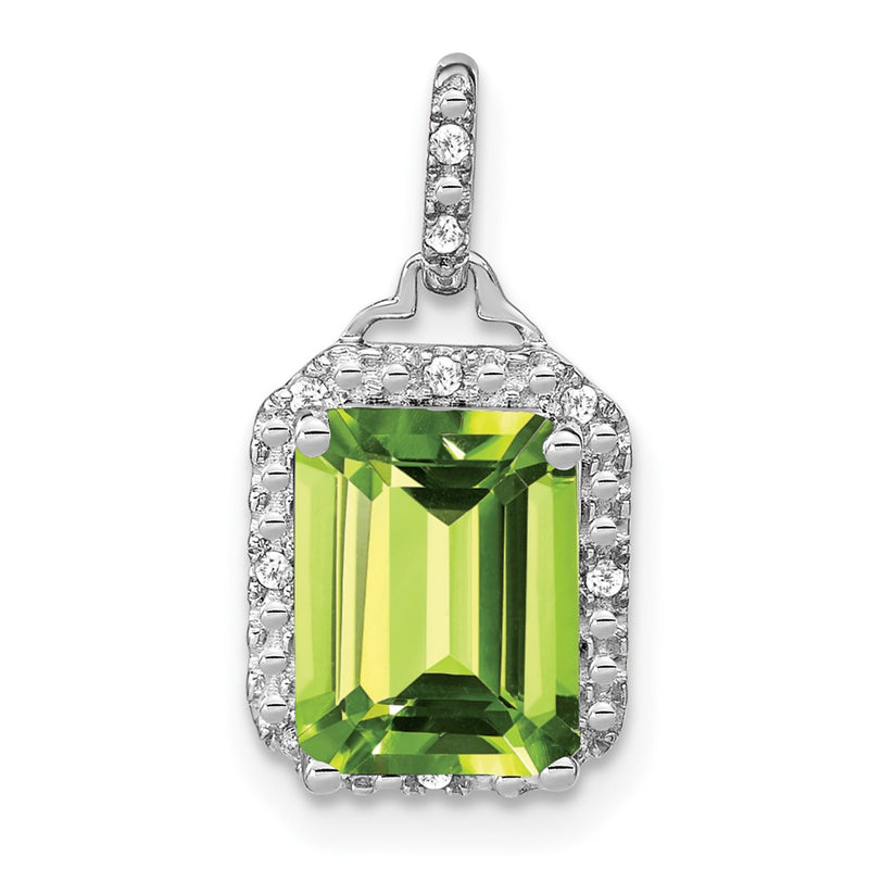 14k White Gold Emerald-cut Peridot and Real Diamond Halo Pendant