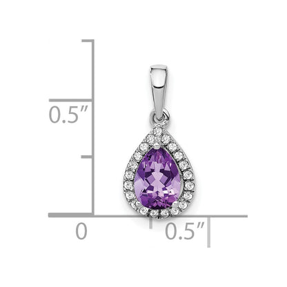 14k White Gold Pear Amethyst and Real Diamond Halo Pendant