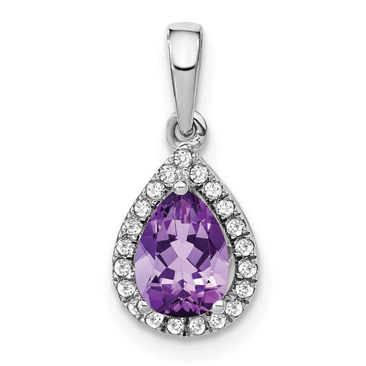14k White Gold Pear Amethyst and Real Diamond Halo Pendant