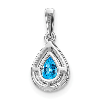 14k White Gold Pear Blue Topaz and Real Diamond Halo Pendant