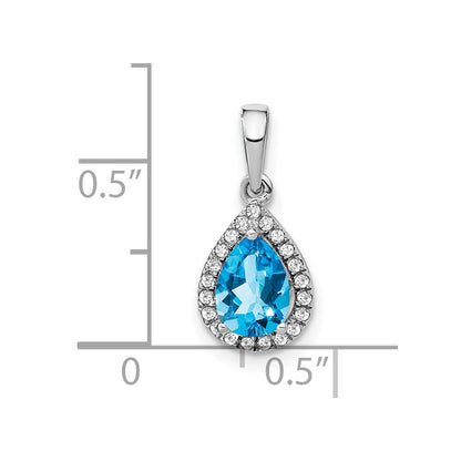 14k White Gold Pear Blue Topaz and Real Diamond Halo Pendant