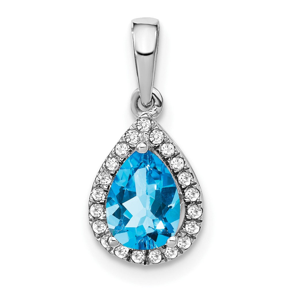 14k White Gold Pear Blue Topaz and Real Diamond Halo Pendant