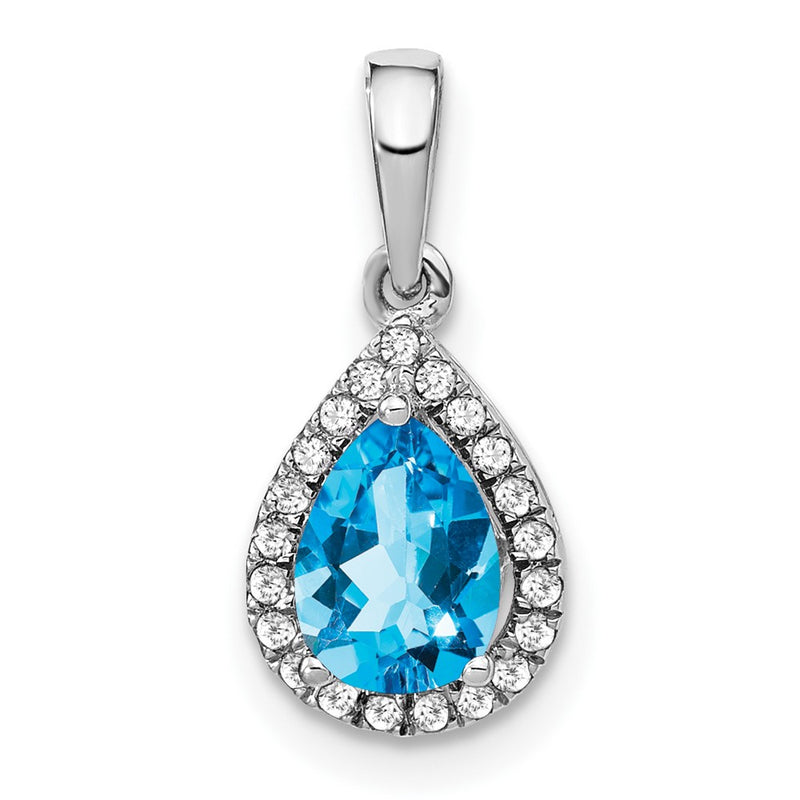14k White Gold Pear Blue Topaz and Real Diamond Halo Pendant
