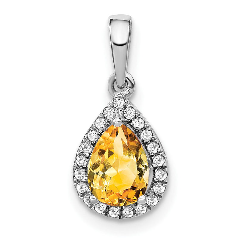 14k White Gold Pear Citrine and Real Diamond Halo Pendant