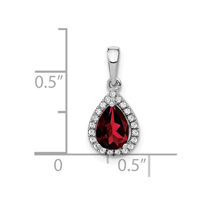 14k White Gold Pear Garnet and Real Diamond Halo Pendant