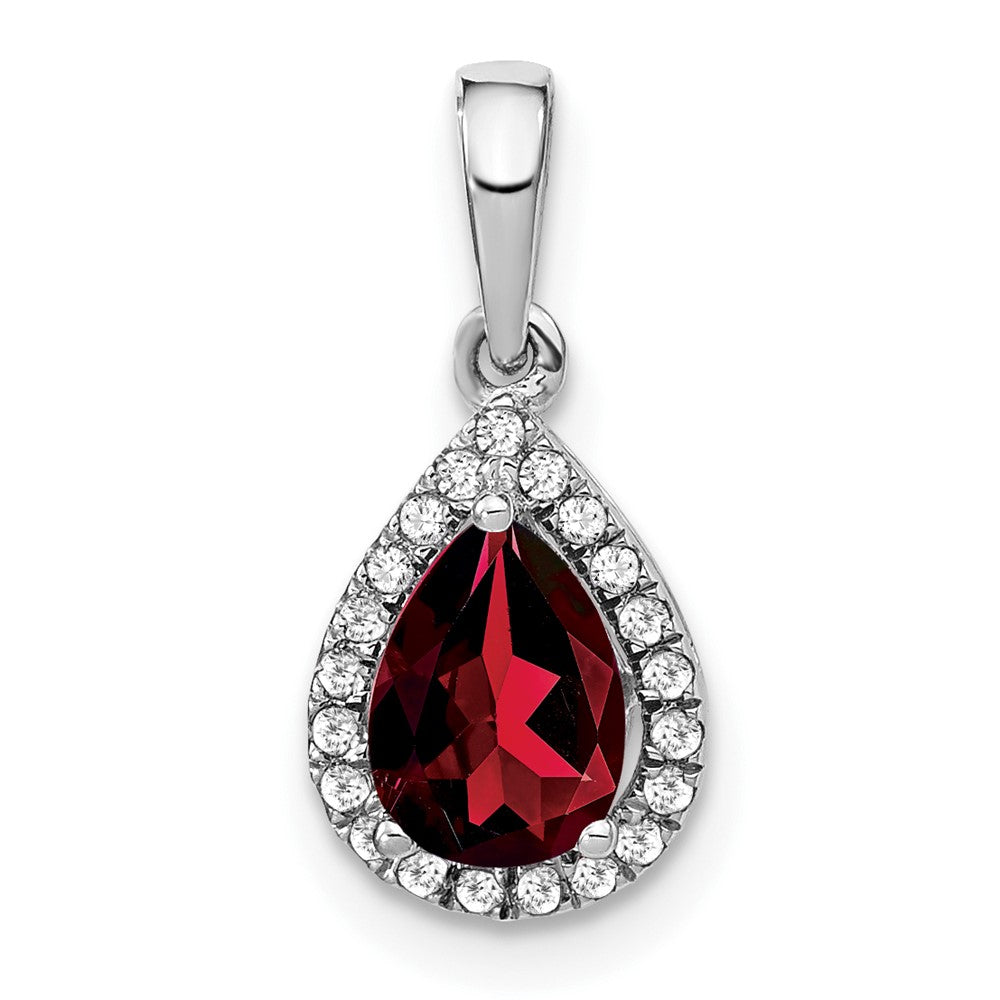 14k White Gold Pear Garnet and Real Diamond Halo Pendant
