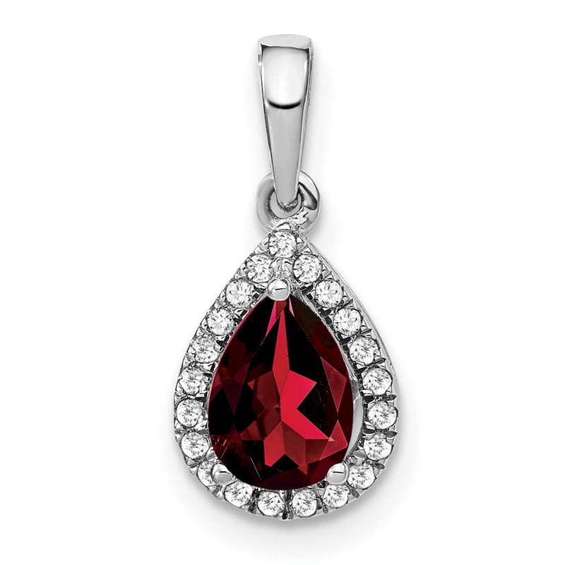 14k White Gold Pear Garnet and Real Diamond Halo Pendant