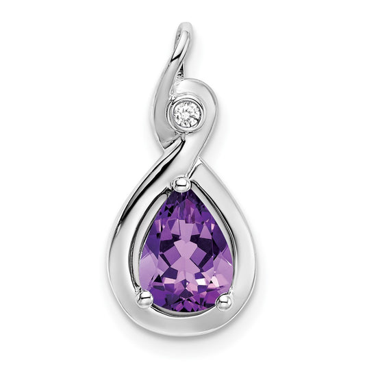 14k White Gold Pear Amethyst and Real Diamond Pendant