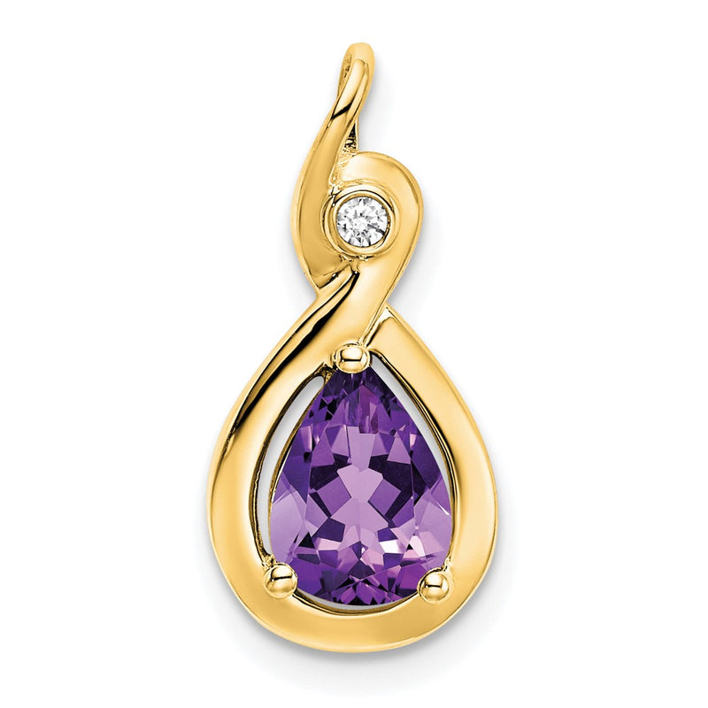 14K Yellow Gold Pear Amethyst and Real Diamond Pendant