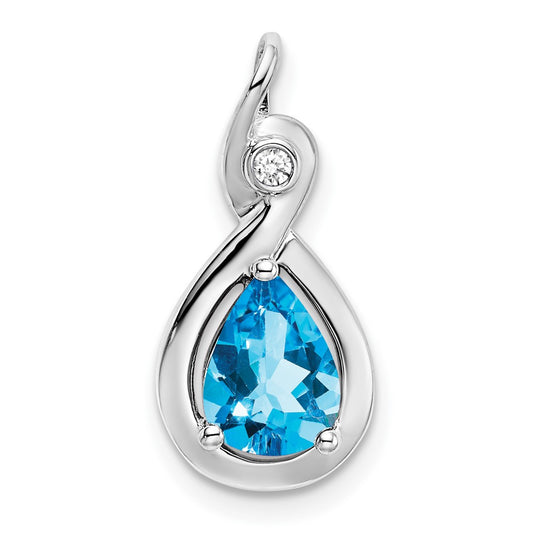 14K White Gold Pear Blue Topaz and Real Diamond Pendant