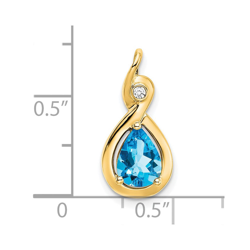 14K Yellow Gold Pear Blue Topaz and Real Diamond Pendant