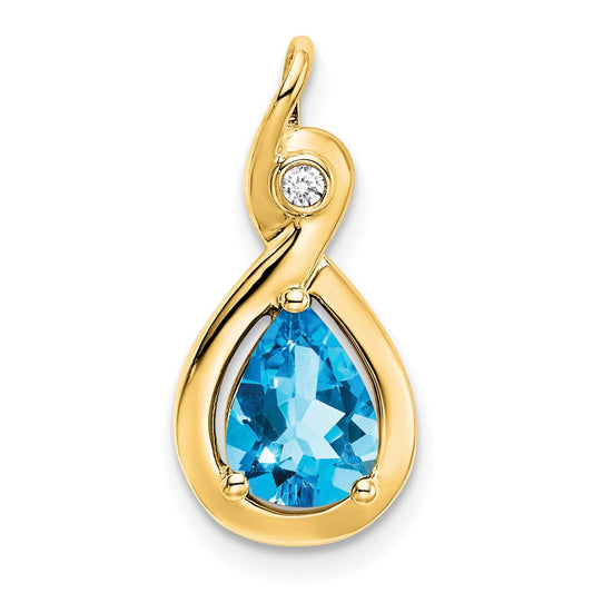 14K Yellow Gold Pear Blue Topaz and Real Diamond Pendant