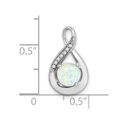 14k White Gold Created Opal and Real Diamond Pendant