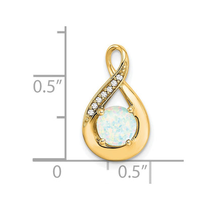 14K Yellow Gold Created Opal and Real Diamond Pendant