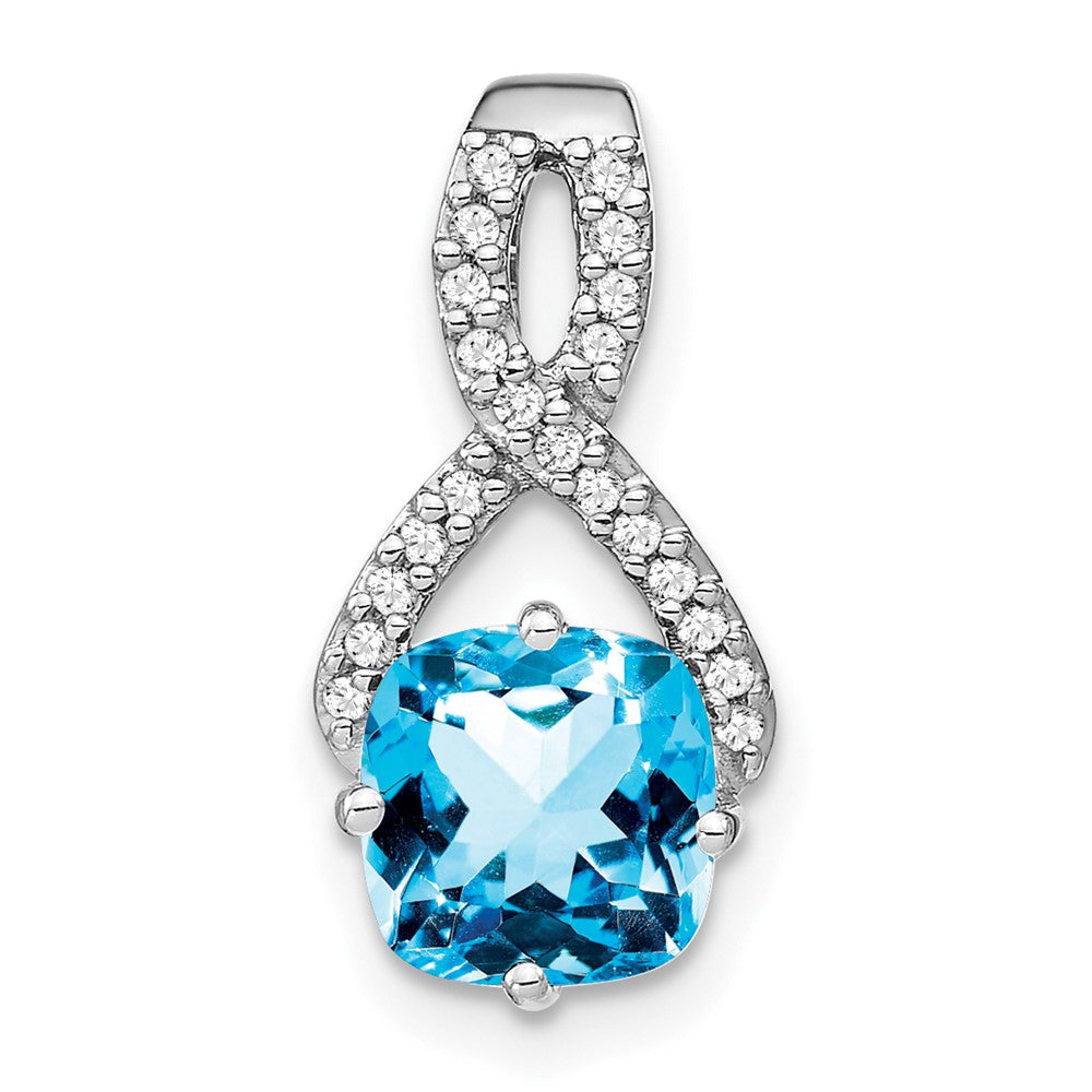 14k White Gold Cushion Blue Topaz and Real Diamond Pendant