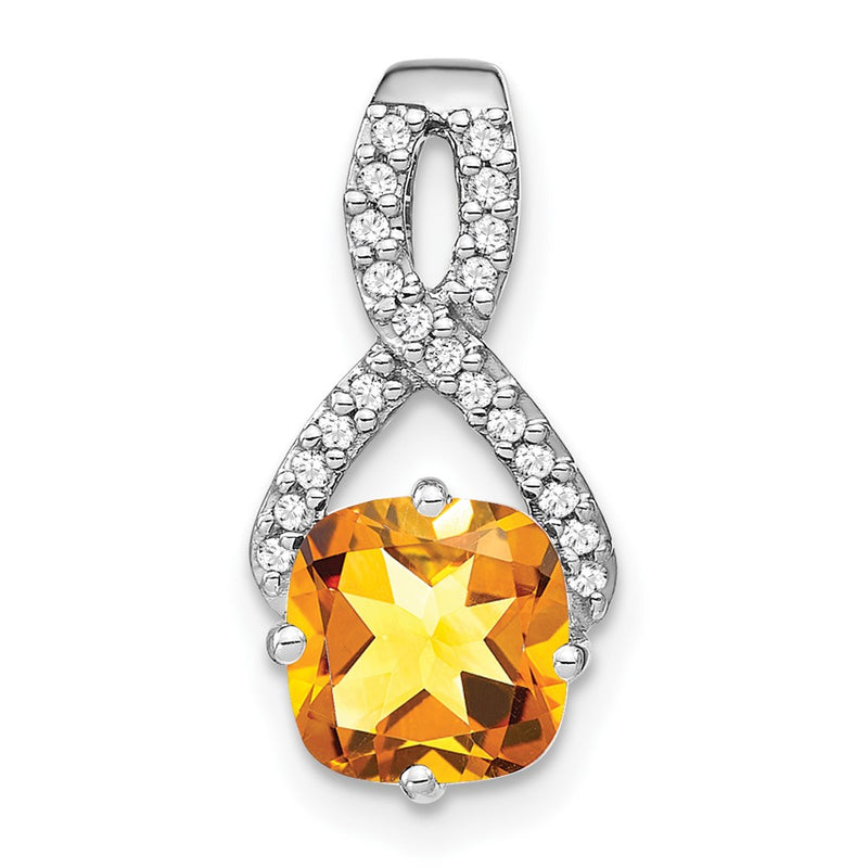 14k White Gold Cushion Citrine and Real Diamond Pendant