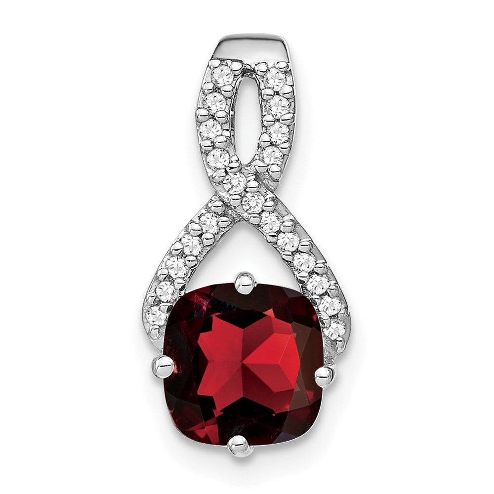 14k White Gold Cushion Garnet and Real Diamond Pendant