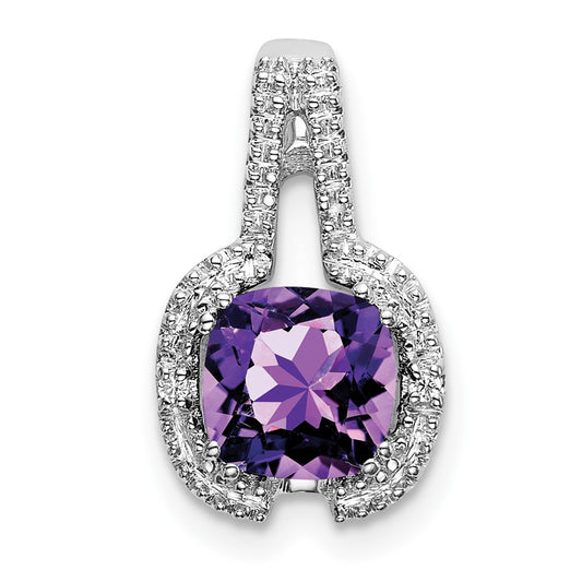 14k White Gold Cushion Amethyst and Real Diamond Pendant