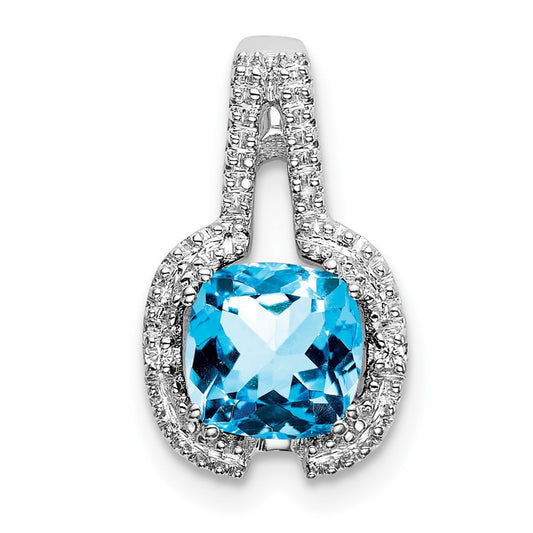 14k White Gold Cushion Blue Topaz and Real Diamond Pendant