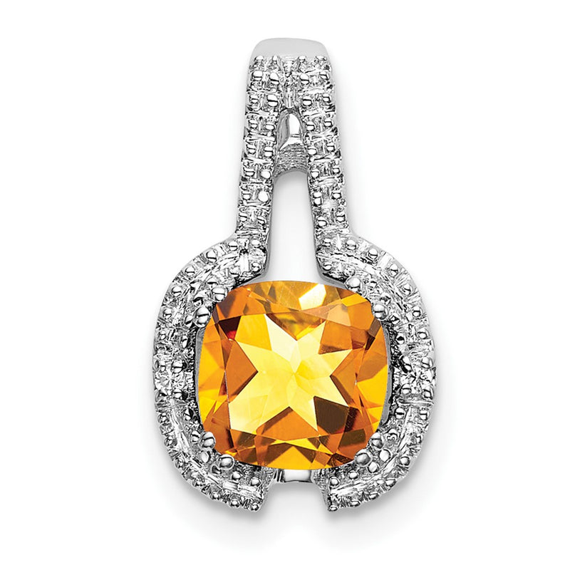 14k White Gold Cushion Citrine and Real Diamond Pendant