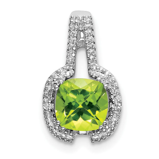 14k White Gold Cushion Peridot and Real Diamond Pendant