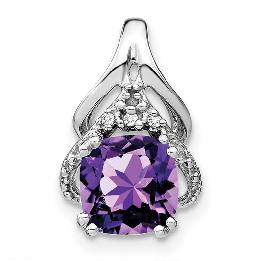 14k White Gold Cushion Amethyst and Real Diamond Pendant